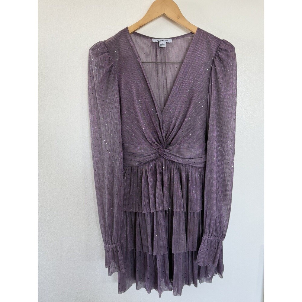 Sabrina Musayev Purple Glitter Pleated Sheer V-Neck Puff Sleeve Mini Dress M